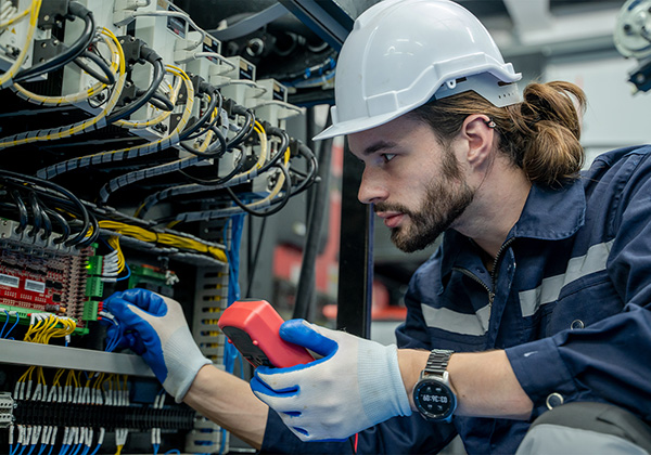 Electrical technician with hard hat testing out elctrical equipment