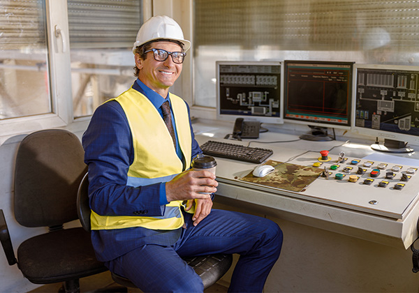 engineer with hard hat on sitting with a coffe in hand in front of a control pannel