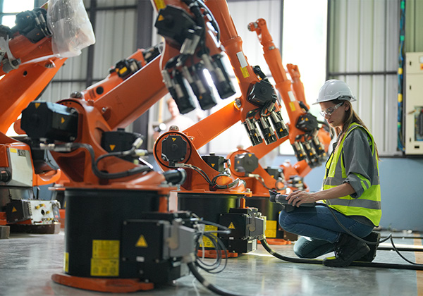female technician using a tablet to check on large robotic machinery